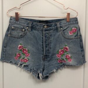 MinkPink Rose Embroidered Light Denim Button-fly Denim Shorts